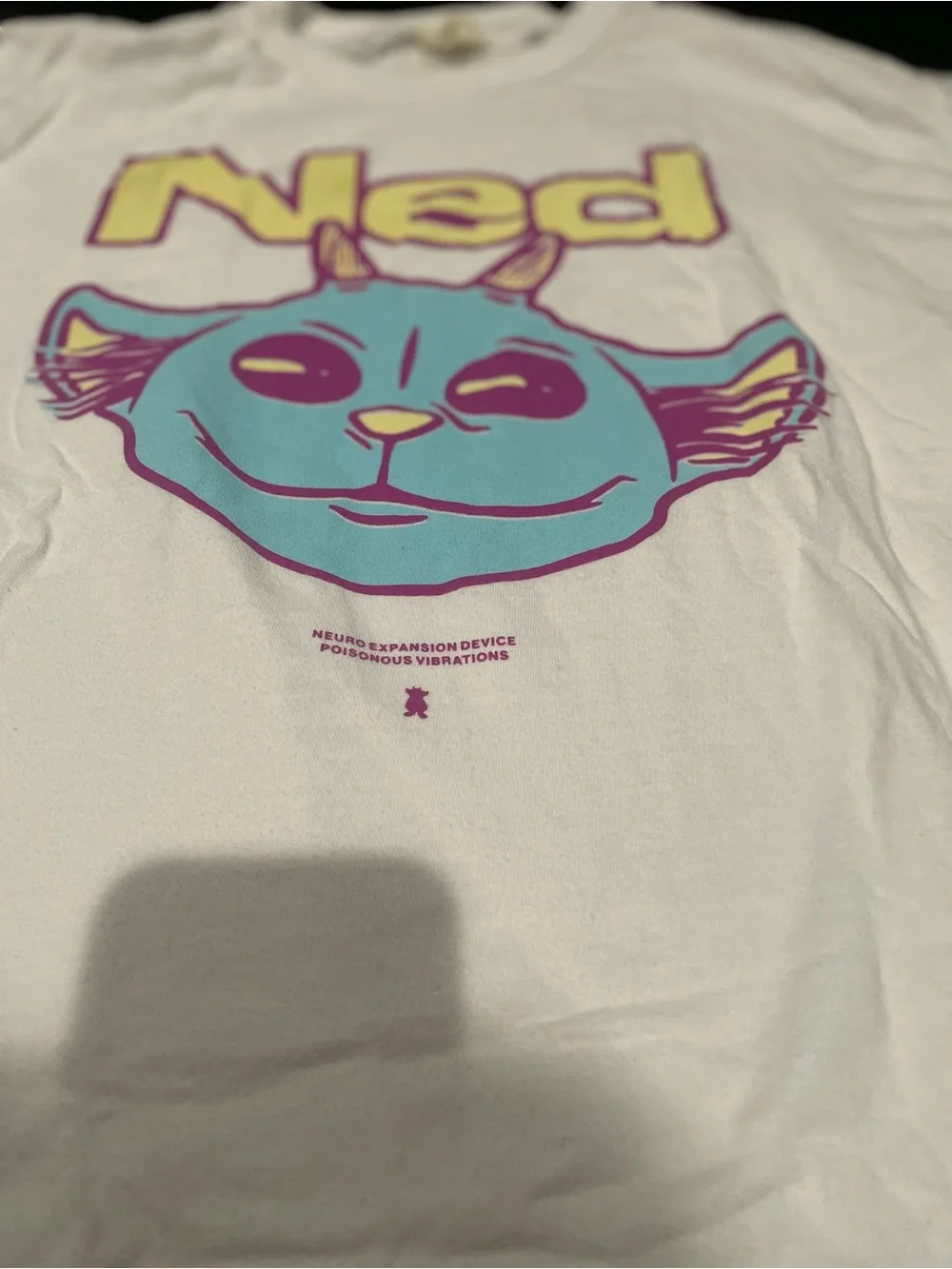 Graphic Ned Cat Tee - White with Pink & Blue Print